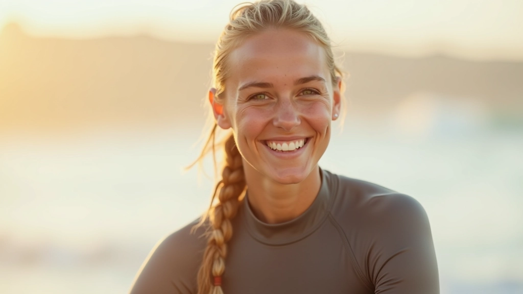 Instrutora de surf feminina em roupa de praia, portrait de peito para cima