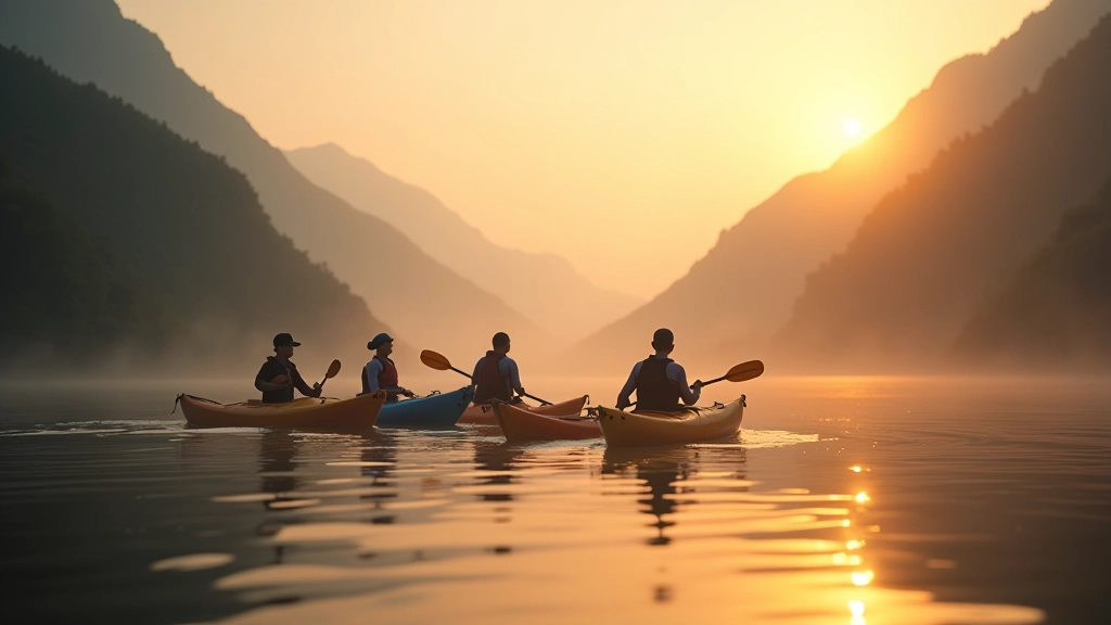 Grupo de canoístas no rio Douro ao amanhecer