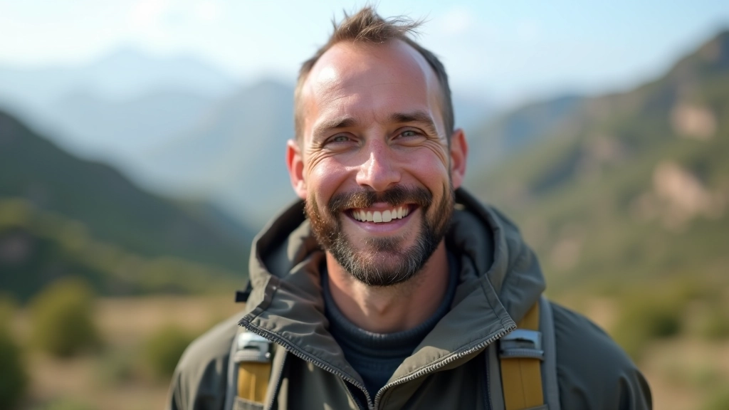 Guia de aventura masculino em roupa de expedição, portrait de peito para cima