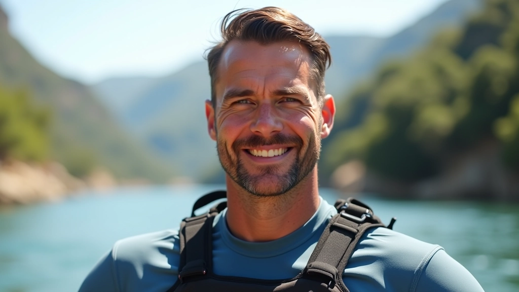 Canoísta masculino em roupa de água, portrait de peito para cima