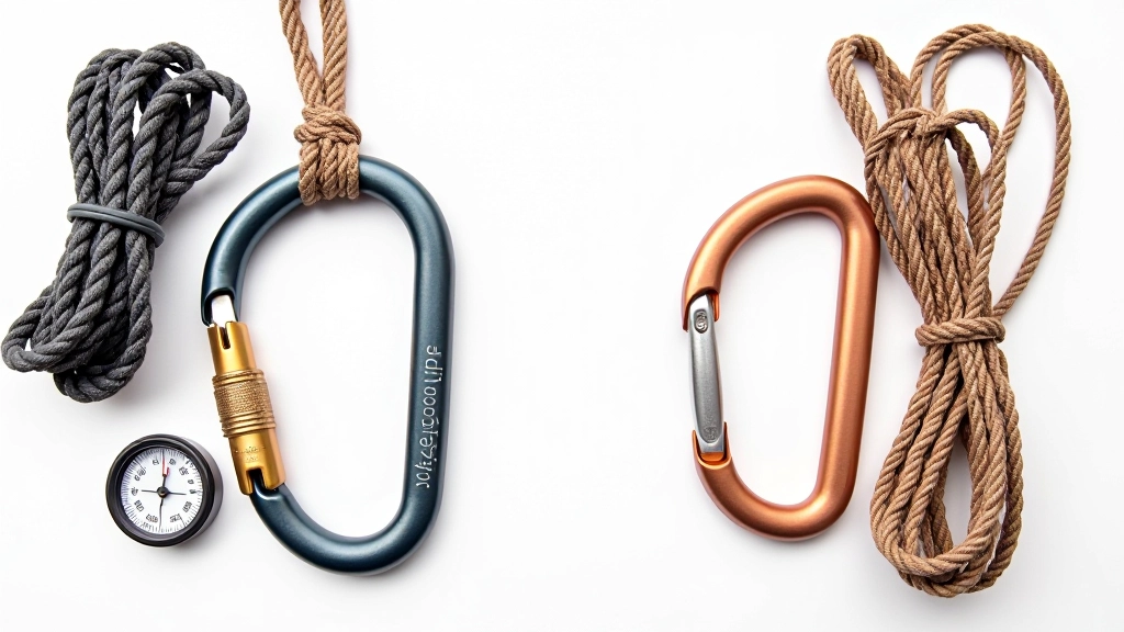 Equipamento de aventura disposto sobre fundo branco - corda, carabiner, bussola