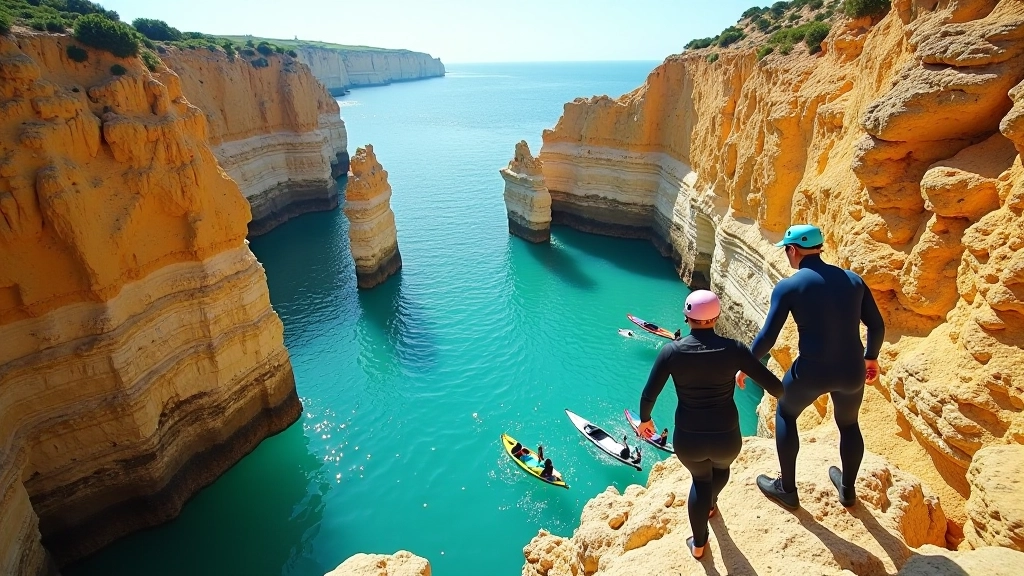 Pessoas em traje de banho a fazer coasteering nas falésias rochosas da Algarve