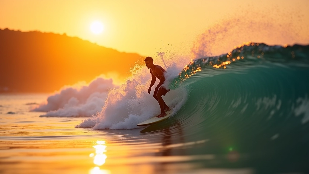 Surfista a cavalgar uma onda grande em Peniche ao pôr do sol
